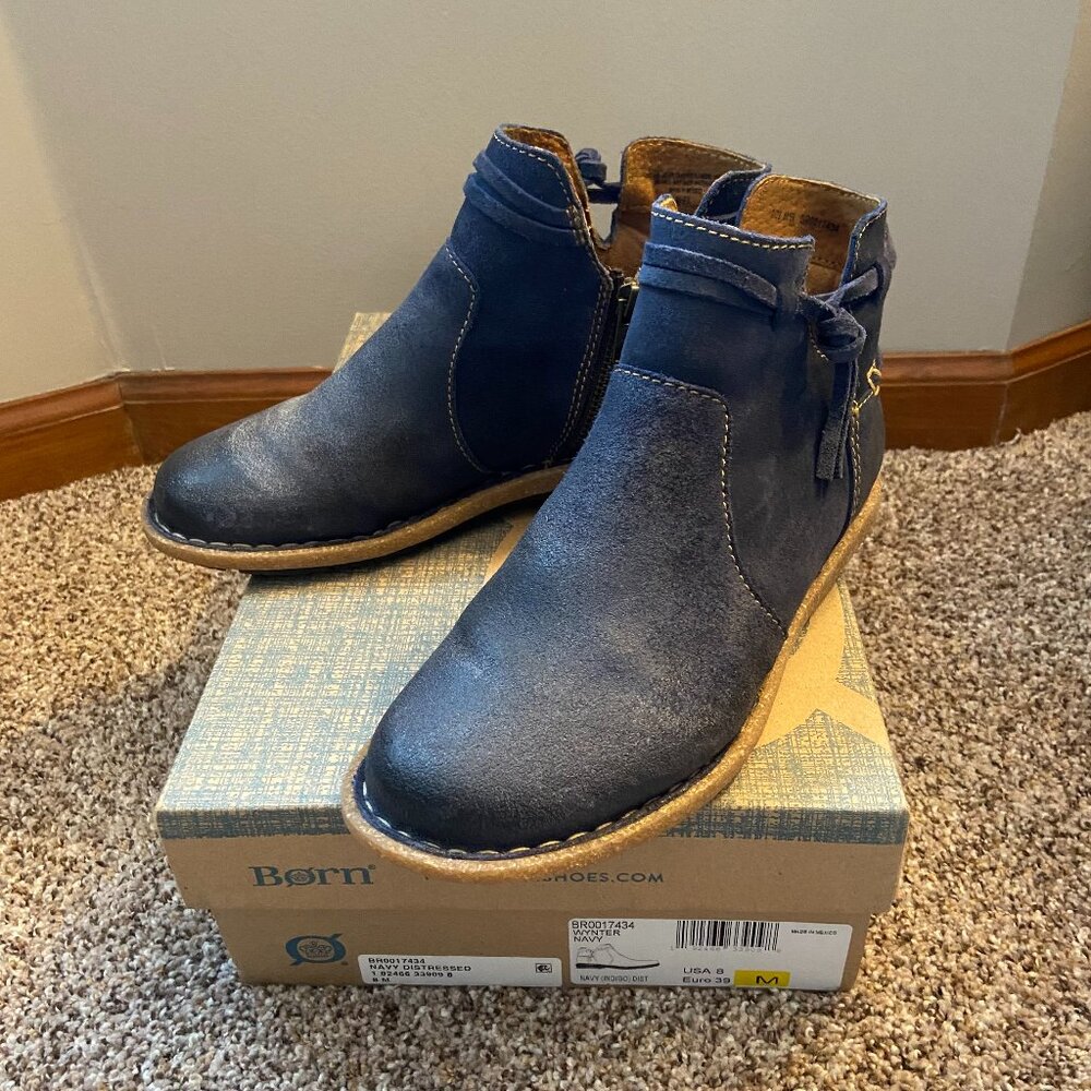 Born "Wynter" Navy Distressed Suede Leather Ankle Bootie - Size 8M